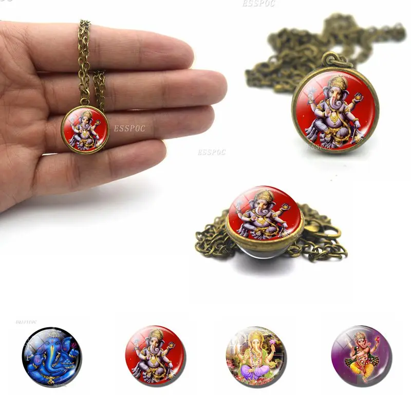 Lucky Indian Elephant Head God Ganesh Ball Necklace Double Face Glass Cabochon Jewelry Buddha Pendant Religion Amulet Women Gift