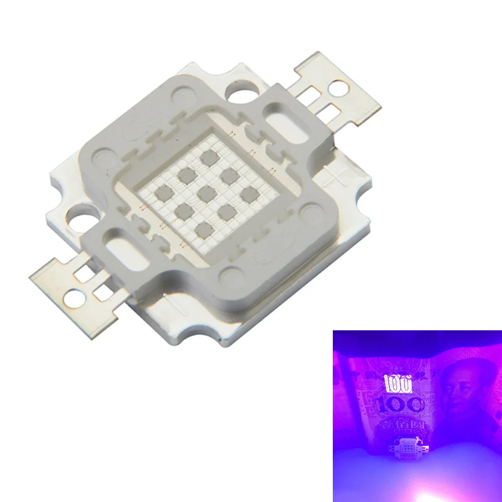 10PCS 10-12V High Power UV Purple LED Chips 395nm - 400nm COB Ultraviolet LED Bead Lights 10W