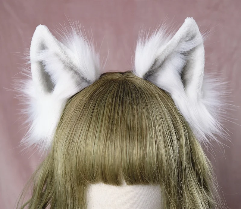 Lolita Girl Hair Accessories  Animal White Wolf Ears Hairhoop Hairband For Women Scrunchie Headwear Hand Work