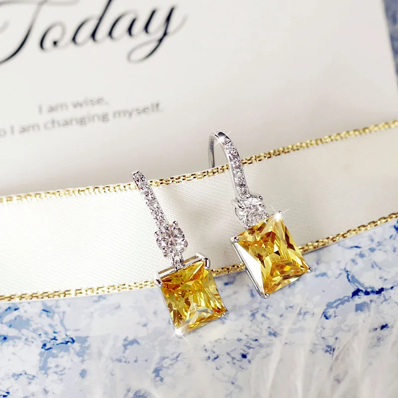 Fashion Elegant Sparkling Classic oblong Lemon yellow Stone Cubic zirconia Drop Earrings Women Jewelry White Gold Color Female