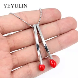 Red Matches Shape Pendant Necklace Silver Plated Color Link Chain Necklaces For Friend Family Fashion Jewelry Gift