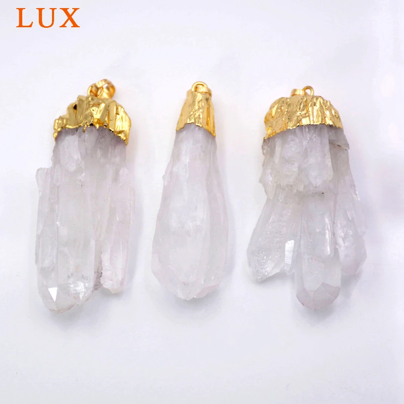 Gold Quartz Ice Cluster Crystal pendant Druzy Clear Natural Raw Rough Stone Dipped Spike Point Plated Unisex Jewellery