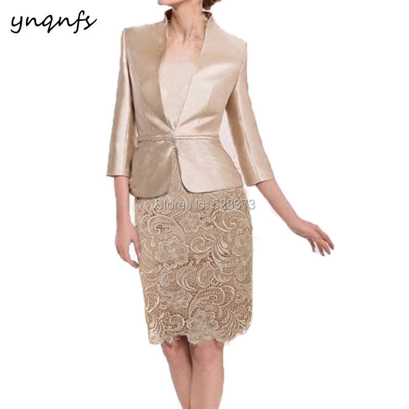 

YNQNFS M74 Champagne Lace Satin Two Piece Mother of the Bride Dresses 3/4 Sleeve Jacket Bolero Outfits Party Gown