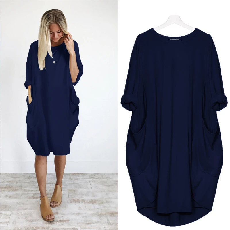 Women Casual Loose Dress with Pocket Ladies Fashion O Neck Long Tops Female T Shirt Dress Streetwear Oversized vestidos