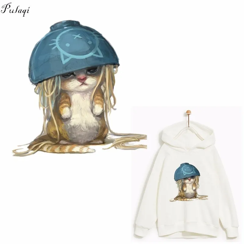 Pulaqi Instant Noodles Naughty Cat Iron On Transfers Patches Greedy-guts Heat Thermal Transfer For Kids Clothes DIY Decoration F