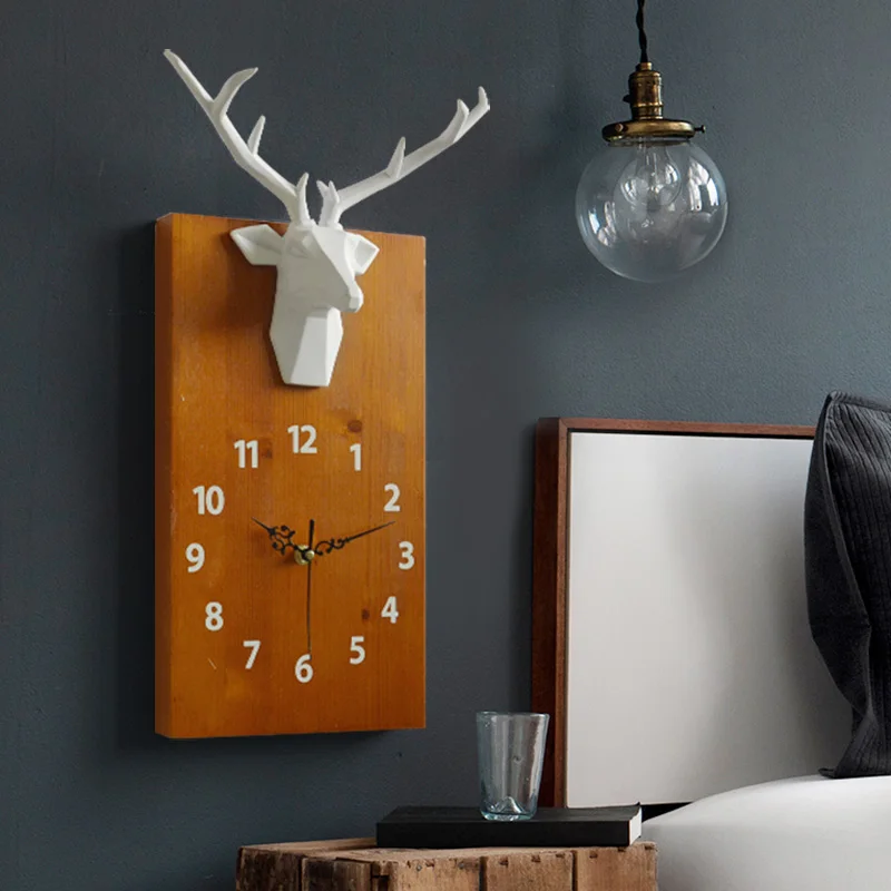 Modern Design Single Face Wall Clock For Home Decor Office Resin Deer Head Craft Wood Dial Silent Hanging Clock Wall Decoration