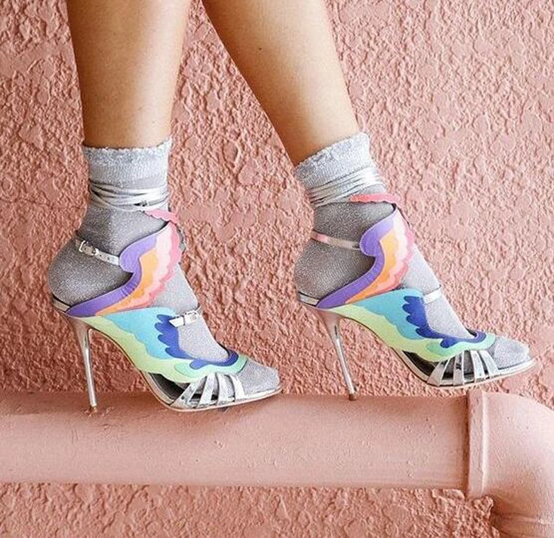 Luxury Shoes Femme Sexy Rainbow Color Ankle Strap Wings Sandals Gladiator Multicolor patchwork High Heels Women Party Shoes