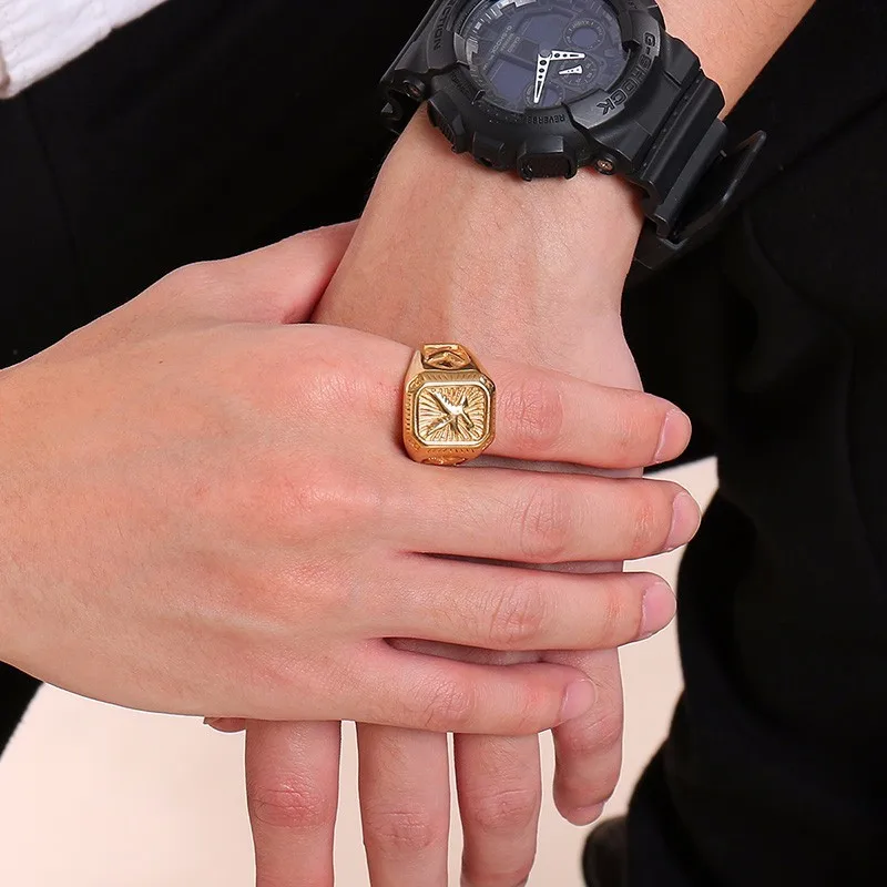 Vnox Chunky Mens Eagle Ring Gold Color Stainless Steel Square Top with Rays Signet Ring Heavy Animal Band
