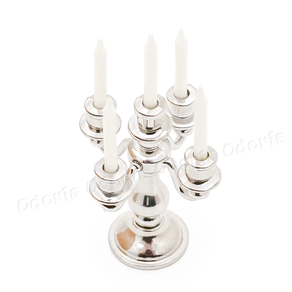 Odoria 1:12 Miniature Metal Silver 5 Arms Candlestick White Candles Kitchen Furniture Candle Holder Dollhouse Accessories Decor