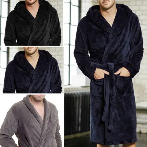 HIRIGIN-Albornoz tipo Kimono de manga larga para hombre, bata cálida de invierno, chal de felpa alargado y grueso, ropa de casa