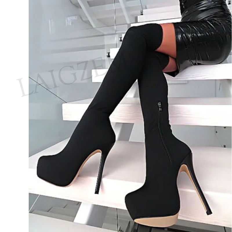 LAIGZEM Women Faux Suede Black Over the Knee Boots Platform Side Zip Party Heeled Boots Shoes Botines Mujer Botas Big Size 19