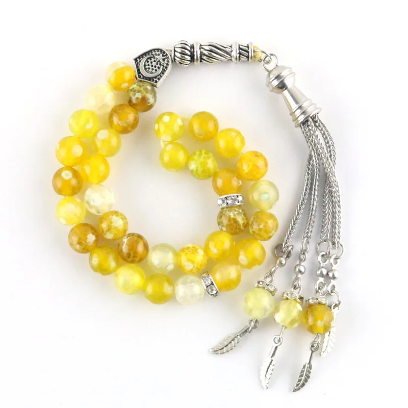 Natural Yellow Agate Round Ornament 8mm Beads 33 Islamic Rosary Muslim Tasbih Allah Moon Element Beaded Bracelet Tassel Pendant