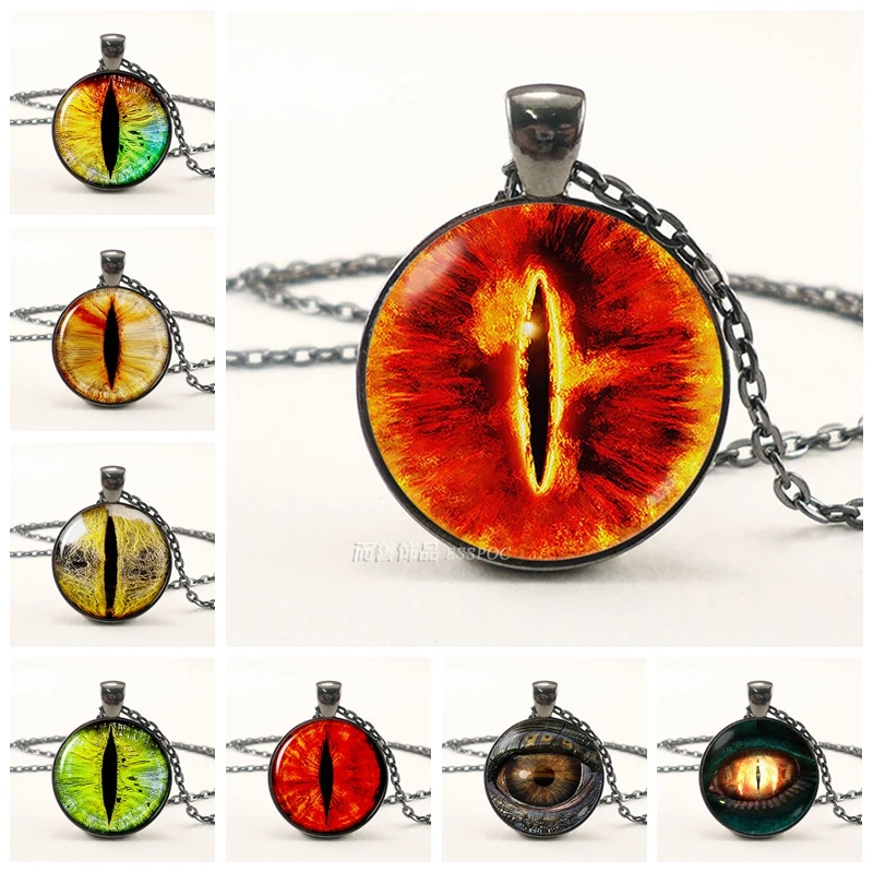 Evil Dragon Eyes Balck Chain Necklace Eye of Sauron Glass Cabochon Pendant Men Women Vintage Jewelry Statement Necklace