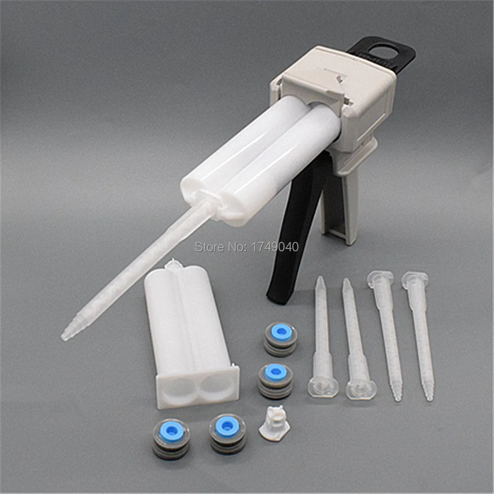 Pistola per calafataggio 50ml 1:2 AB Dispenser per pistola per colla epossidica con ugello di miscelazione statico 5pc e 2 pezzi 50ml 1:1 cartuccia vuota a doppia canna