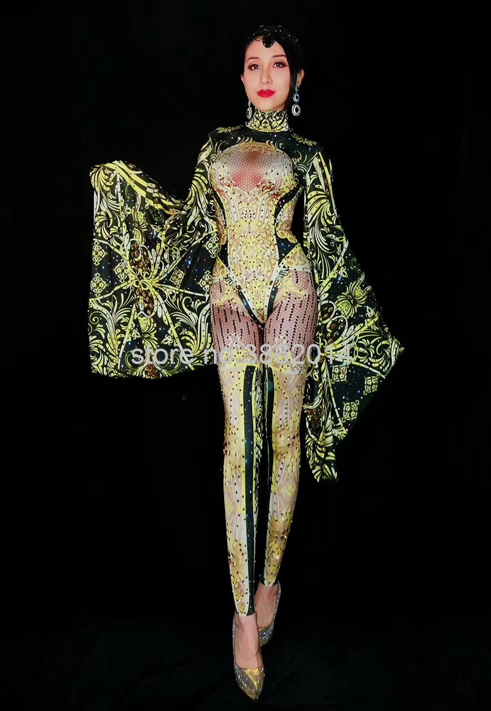 Fashion Black Yellow Bat Sleeve Crystals Jumpsuit Women Nightclub Celebrity Prom Party Outfit Singer Performance Dance Costume