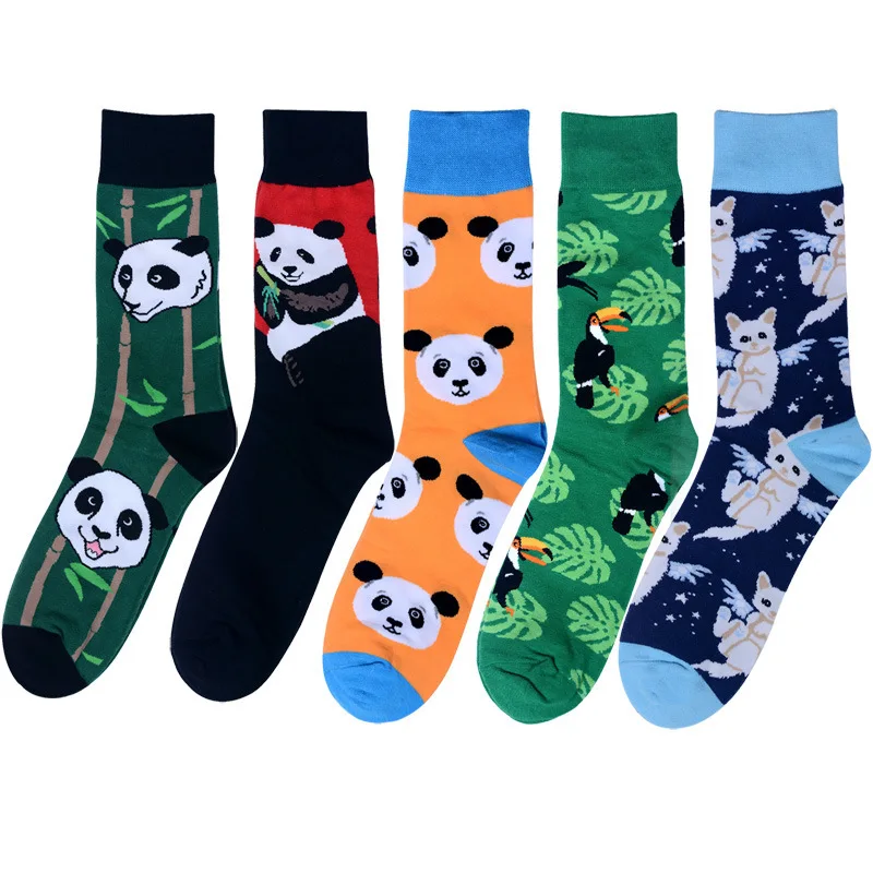 Men Socks Cartoon Kitty Bird Chinese Panda Cute Funny Street Style Colorful Happy Skate Harajuku Hip Hop Male Casual Cotton Sock