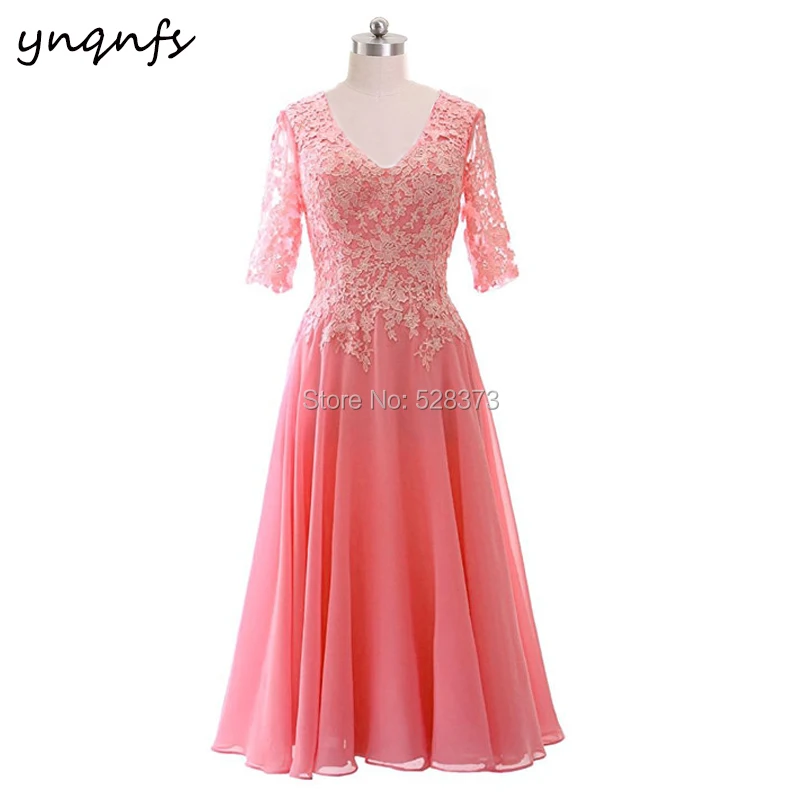 YNQNFS M125 Chiffon V Neck Tea Length Teal Mother of the Bride Lace Dresses with Sleeves Wedding Party Gown Guest Dress 2019