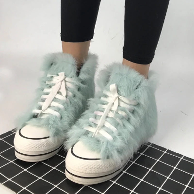 Sport Style Real Rabit Fur Lace Up Snow Boots Height Increasing Winter Plush Inside Ankle Boots Zapatos High Top Warm Fur Boots