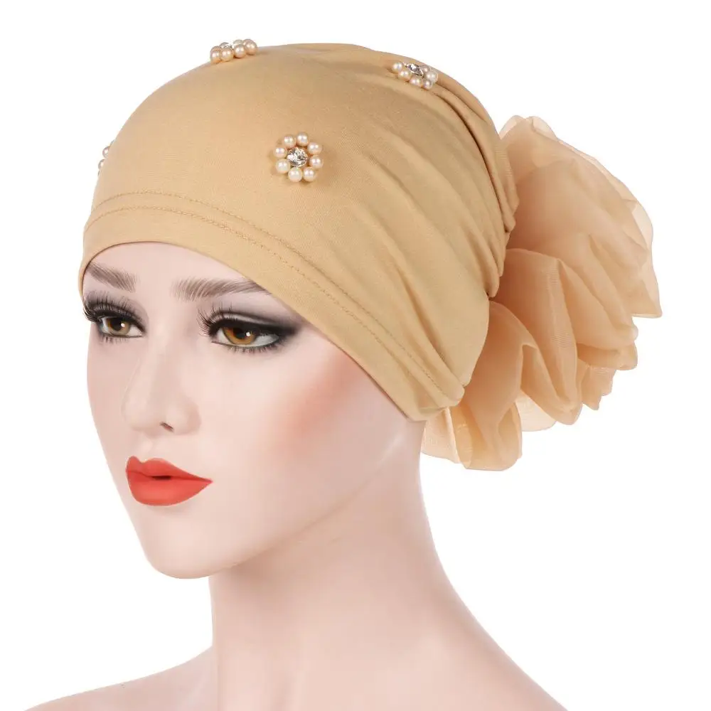 New Women Hair Loss Cap Beanie Skullies Flower Pearls Muslim Cancer Chemo Cap Islamic Indian Hat Cover Head Scarf Fashion Bonnet