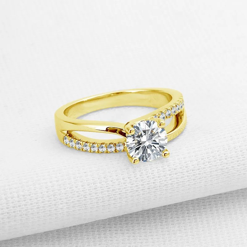 QYI 1 Carat 14K Solid Yellow Gold Split Band Rings Women Round Cut Moissanite Diamond Halo Engagement Ring