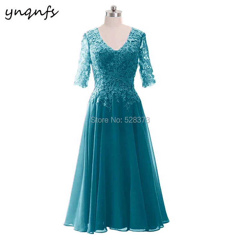 YNQNFS M125 Chiffon V Neck Tea Length Teal Mother of the Bride Lace Dresses with Sleeves Wedding Party Gown Guest Dress 2019