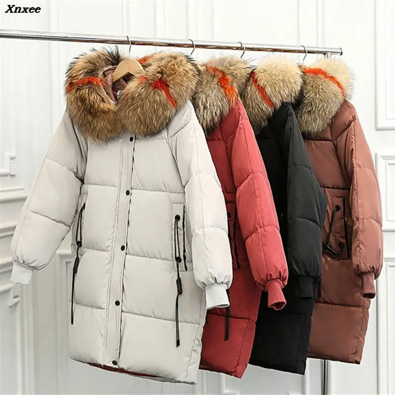 Casaco de inverno de pele grande engrossado parka feminino solto longo casaco de inverno para baixo algodão senhoras para baixo parka jaqueta