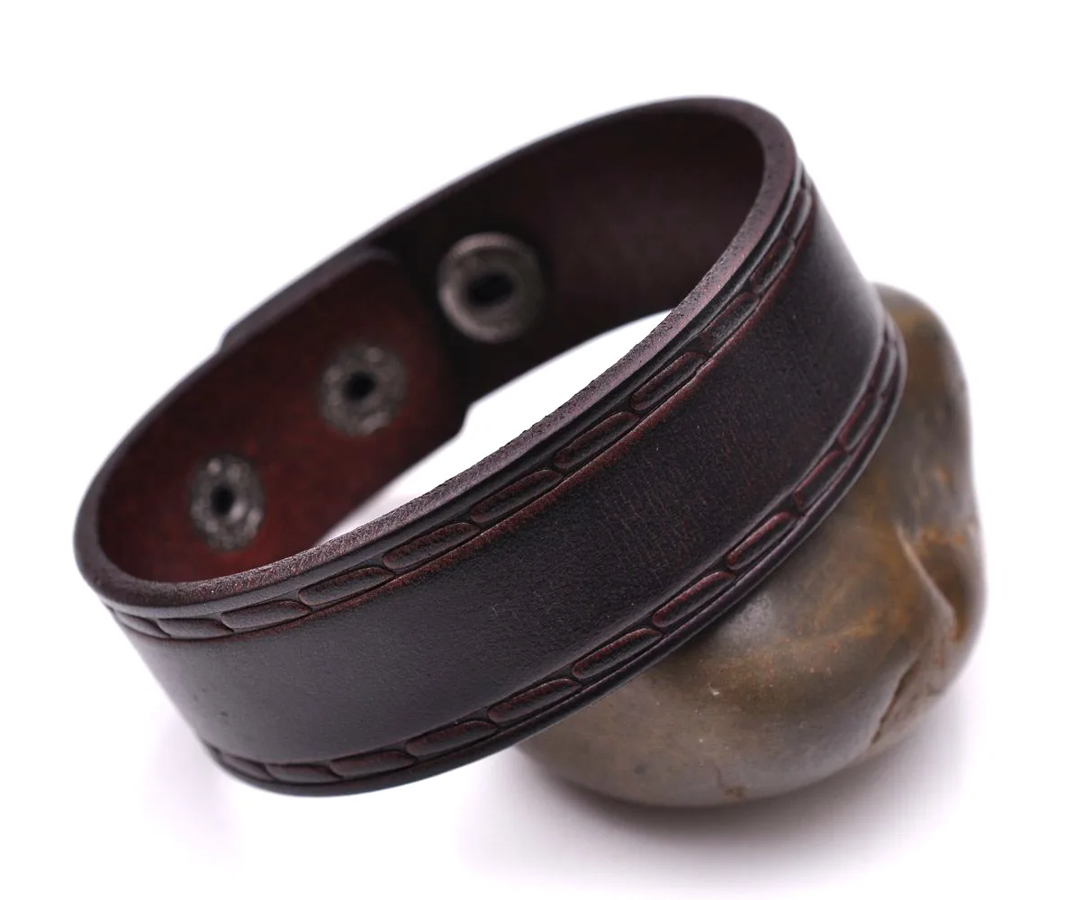 Retro Embossing Cool Genuine Leather Bracelet Wrap Cuff Wristband Strap Brown