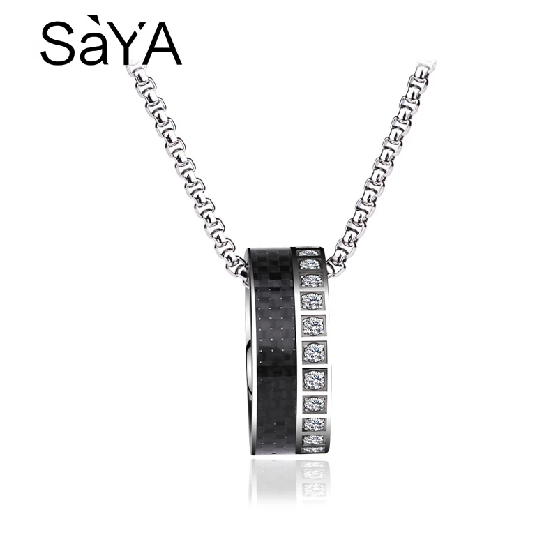 High Polished Tungsten Carbide Pendant Necklace inlay Black Carbide Fiber & Shiny CZ Stones with Titanium Chain 55CM