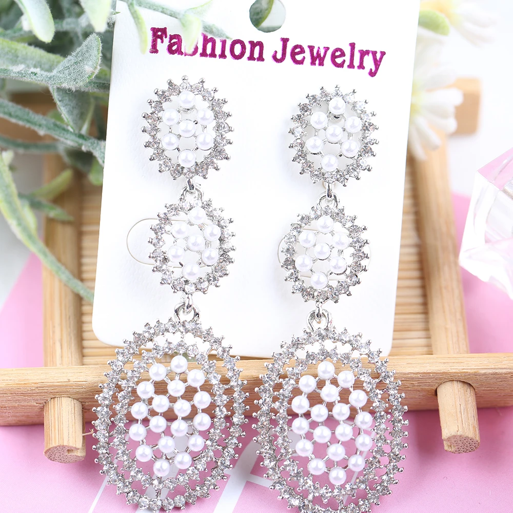 VEYO Vintage Pearl Long Earrings Classic Full Pearl Rhinestone Drop Crystal Earrings for Women Fashion Jewelry Gift image 3