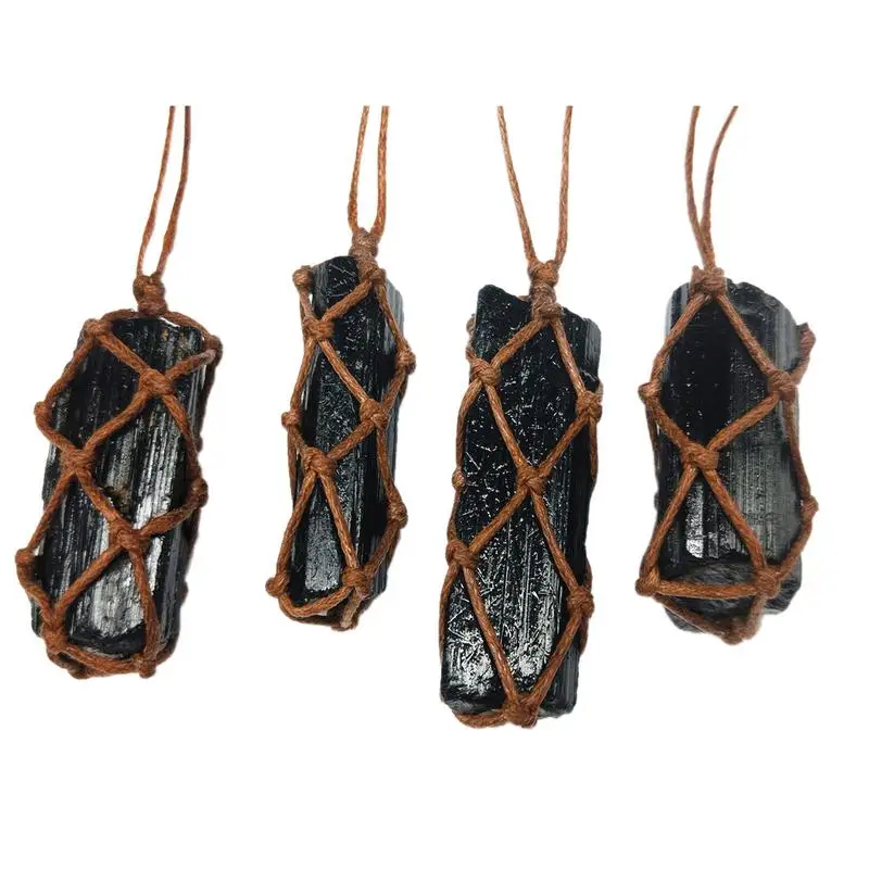 1 Pcs Natural Black Tourmaline Retro Raw Gemstone Pendant Crystal Hand-Woven Jet Stone Ore Radiation Protection Stone Craft