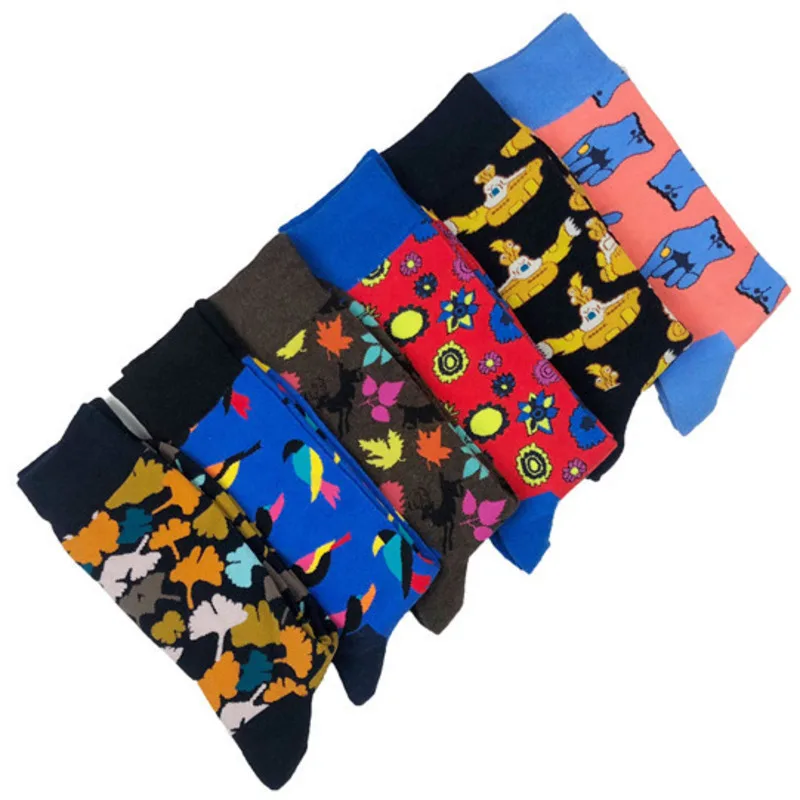 Men Sock Cartoon Flower Leaves Submarine Bird Fashion Harajuku Happy Funny Skate Hip Hop Street Male Casual Cotton Socks Autumn