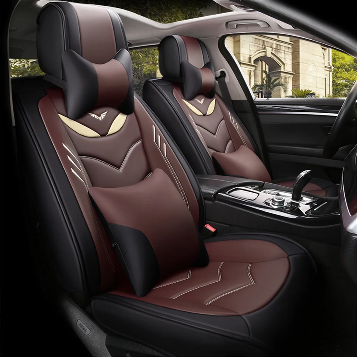 PU Leather Car Seat Cover Front Rear Auto Seat Cushion Set Summer Cooling Seat Pad Armrest Box Mat for 5 Seat Car