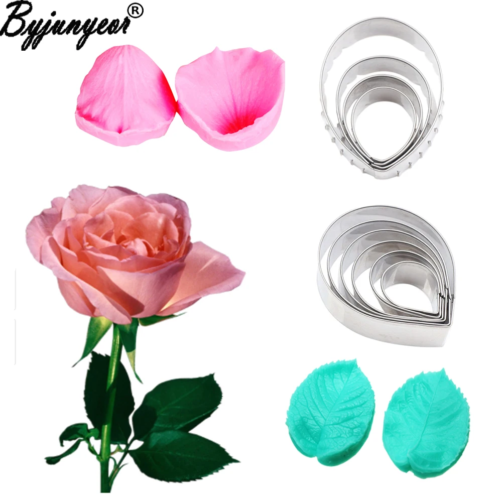 Rose Petal & Leaves Veiner Flower Silicone Molds Fondant Sugarcraft Gumpaste Clay Water Paper Cake Decorating ToolsCS230