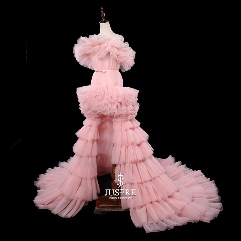 Beautiful Pink Off The Shoulder High-Low Style Evening Dresses Pleat Backless Lace-up Sweep Train Party Gowns Evening Dress