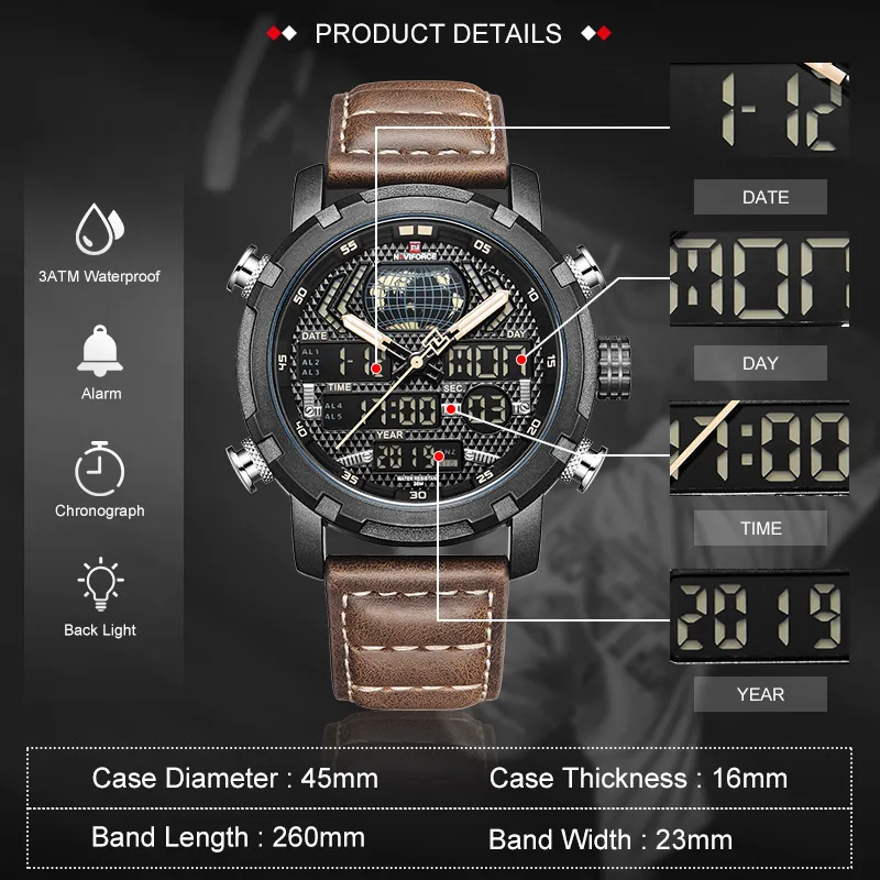 NAVIFORCE Watch for Men Luxury Digital Chronograph Analog Sport Watches Military Waterproof Wristwatch Man Genuine Leather Clock