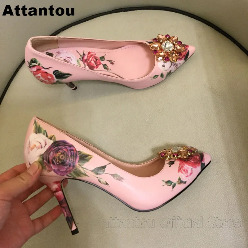 Fashion Thin High Heels Women Stilettos Flower Painted Sexy Pumps Bling Bling Rhinestone Designer Female Party Dress Shoes