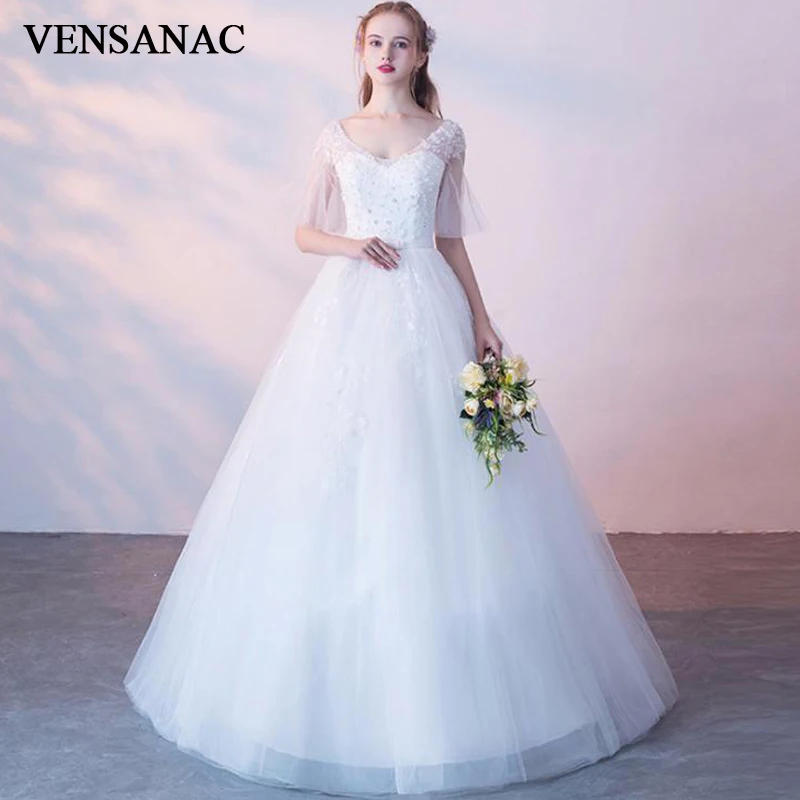 VENSANAC 2019 V Neck Ball Gown Lace Appliques Wedding Dresses Illusion Flare Half Sleeve Bow Sash Backless Bridal Gowns