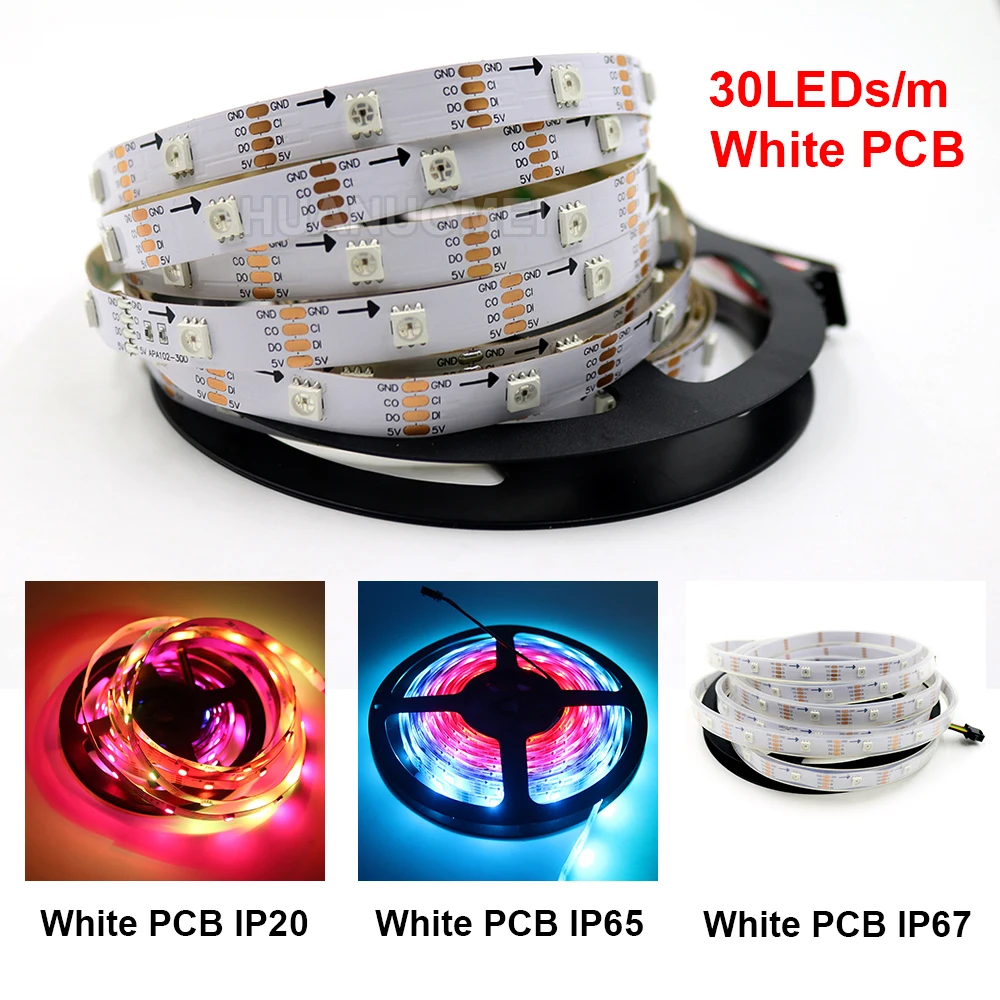 5V 30LEDs/m SK9822 LED Strip Light 5050 SMD RGB Pixel Neon Sign Flexible Tape TV Lamp,White/Black PCB,IP20/IP65/IP67