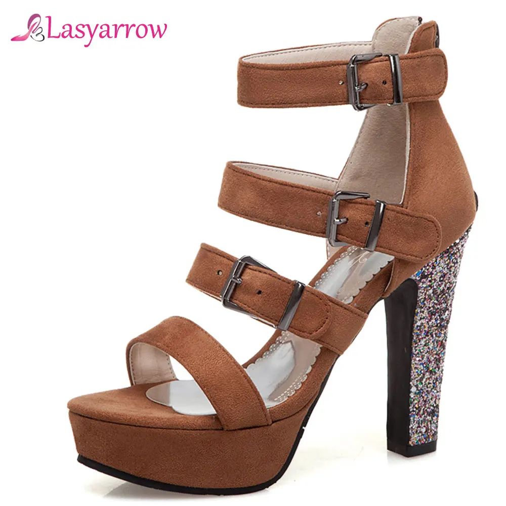 Lasyarrow 2019 Crystal Glitter High Heel Buckle Strap Gladiator Sandals Women Platform Summer Platform Shoes Woman Pink Red J729