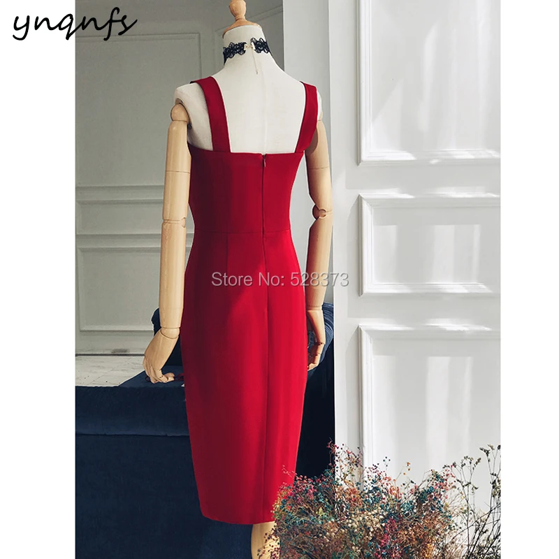 YNQNFS M155 Elegant High Slit Satin Knee Length Red Bridesmaid Dresses Party Gown Wedding Guest Robe Soiree 2019