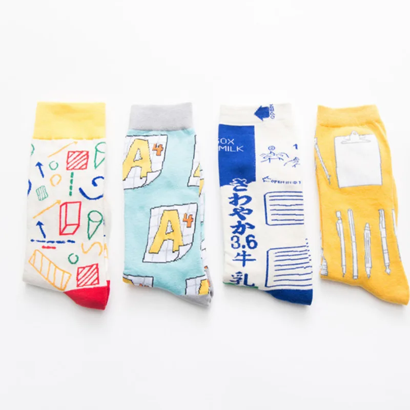 Men Socks Cartoon Milk Ruler Stationery Happy Geometry Triangle Star Stripe Funny Harajuku Hip Hop Female Cotton Hosiery