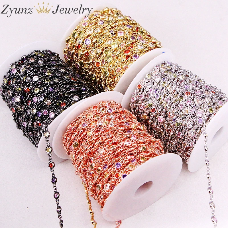 3 Meters ZYZ334-8189 Cubic Zirconia Connectors Link Chain, Bezel Setting CZ Cut round 5mm/6mm colorful CZ stones, Accessories