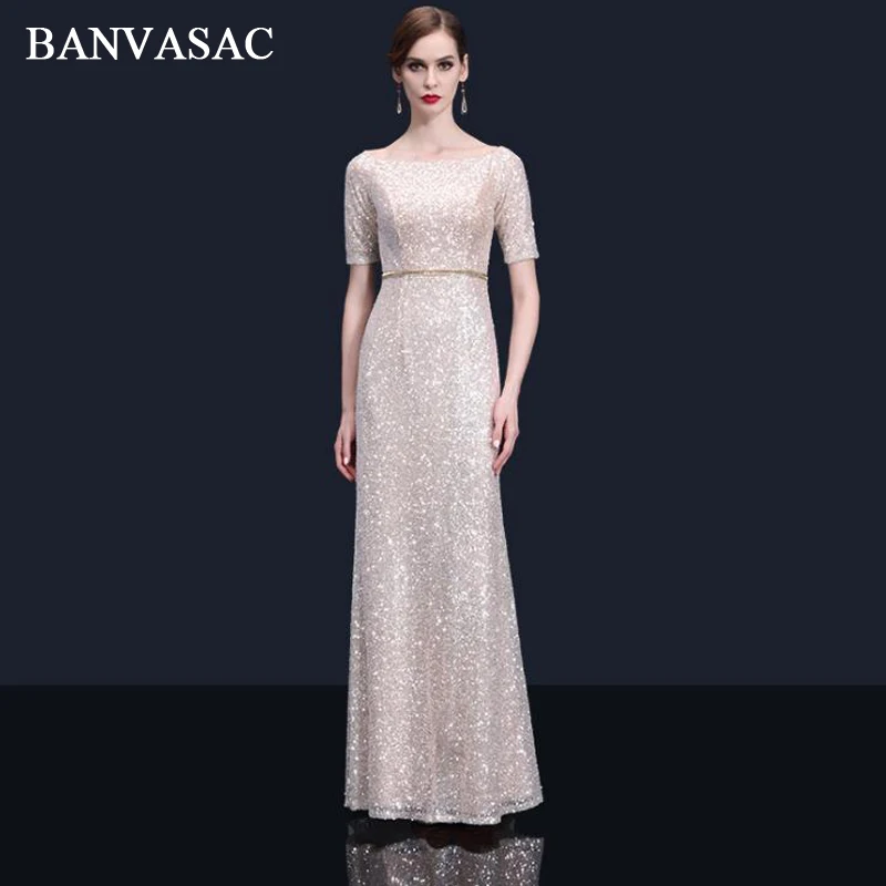 

BANVASAC Elegant Boat Neck Sequined Mermaid Long Evening Dresses Party Short Sleeve Metal Sash Tulle Prom Gowns