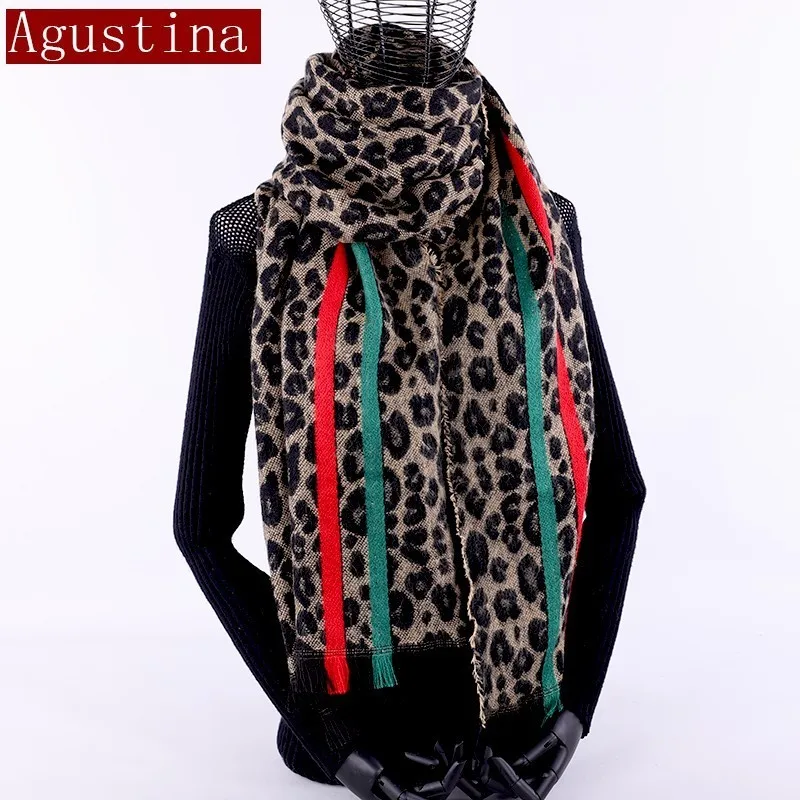 cashmere scarf Red green stripes Winter Leopard print women Fashion shawl tassel scarves luxury brand warm hijab cape pashimina