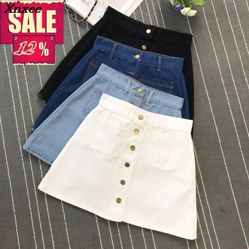 Ins fashion Womens ladies A-line denim skirt with buttons at front High Waist 2 pockets harajuku mini high quality jean skirts