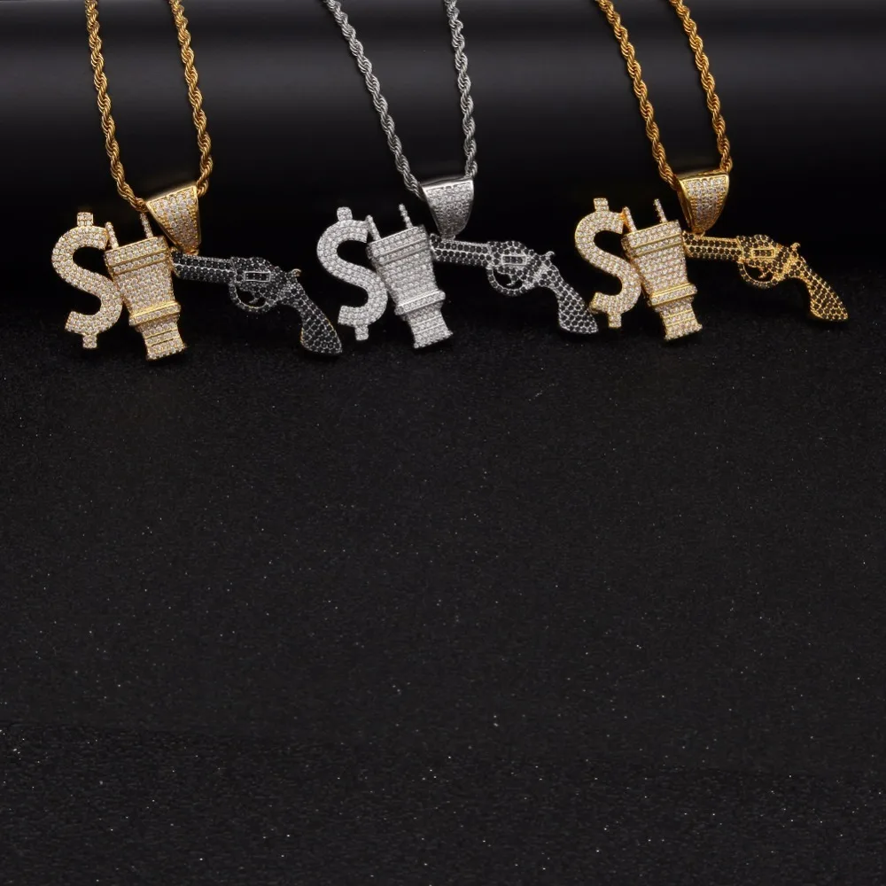 UWIN S925 US Dollar Plug GUN Pendant  AAA CZ Bling Iced Out Micro Paved Charm Necklace  Men's Hiphop Jewelry