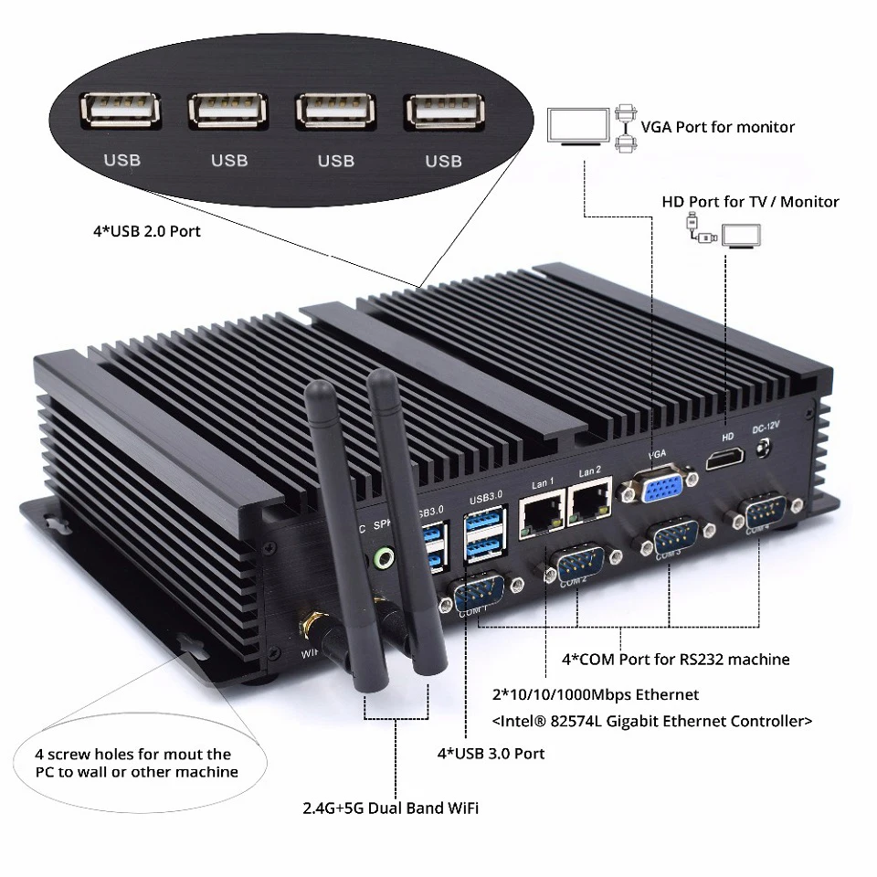 HUNSN Fanless Industrial PC,AIM02,Intel Celeron 1037U or I5 3317U,Mini Computer,Windows XP / 11 or Linux,VGA,HD,2LAN,4COM RS232