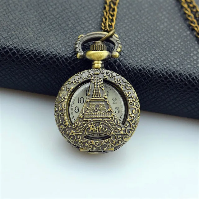 NAZEYT Small Bronze hollowed tower pocket watch fashion Vintage Jewelry Women Men Pendant Necklace Chain Gifts