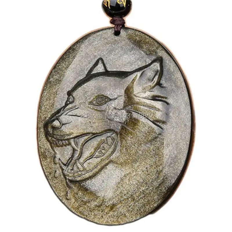 

High-Grade Natural Gold Obsidian Stone Hand-Carved Wolf Head Amulet Pendants Necklace*Free Gift Box