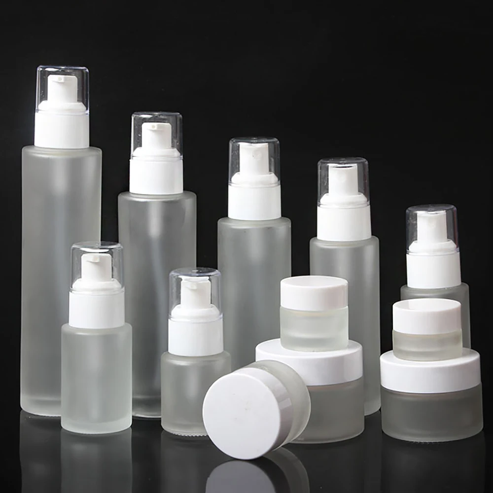 

China Suppliers Empty 100ml Frosted serum bottle with dispenser, 100cc glass spray/lotion bottle cosmetic packaging